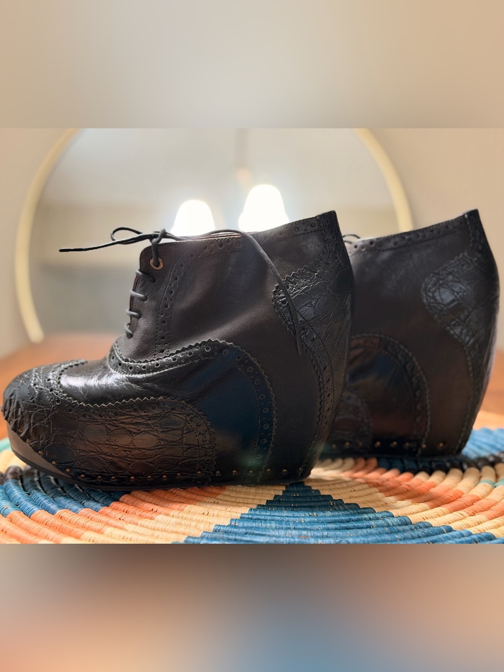Irregular Choice What An Angel Black Leather Wingtip Wedge Booties Size 9